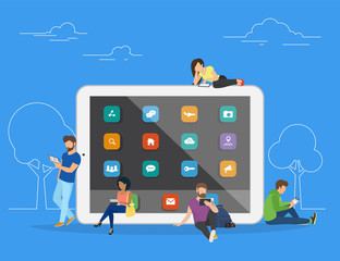 Young men and women are standing near big tablet and using their own tablet computers, reading news and texting message to friends. Flat concept illustration of mobile gadgets usability on blue