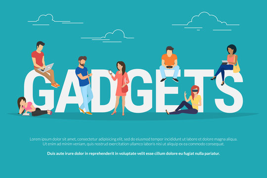 Gadgets concept illustration of young people using devices such as laptop, smartphone, tablets, smart watches and vr helmets. Flat design of gadgets addiction for website banner and landing page