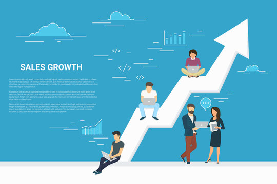 Business growth concept illustration of business people working together as team and sitting on the big arrow. Flat people working with laptops to develop business. Blue background with copy space