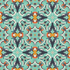 Meubelstickers Abstract naadloos patroon met geometrische en bloemenornamenten, vintage stijl © progdiz