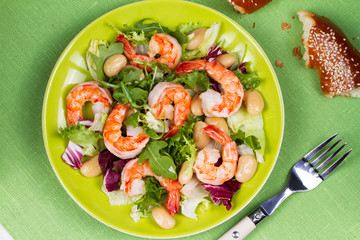 Shrimp and white bean salad. View from above, top studio shot