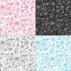 4 Seamless floral bright pattern. Large pink flowers - obrazy, fototapety, plakaty