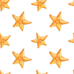 Fototapeta na wymiar Seamless watercolor pattern with marine starfish. 