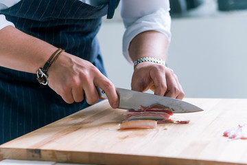 Close-up image of slicing ham