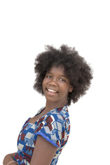 Portrait of a lovely girl smiling, side view, isolated 