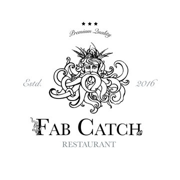 Seafood restaurant and seafood menu identity - Logo with God of Sea Poseidon. Vector Illustration