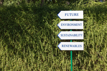 Four Direction Signs Indicating Environmental Policy Goals