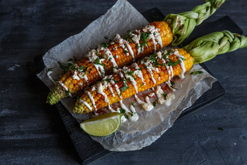 mexican grilled corn, elote, dark photo