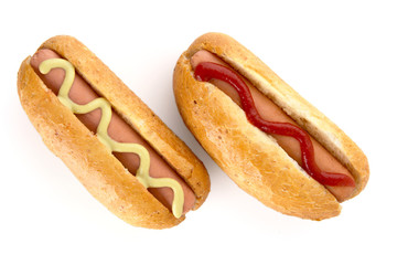 Hotdogs with mustard and ketchup isolated on white