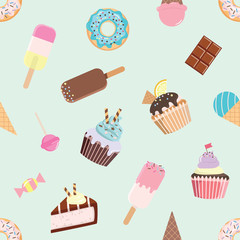Birthday seamless pattern with different sweets.