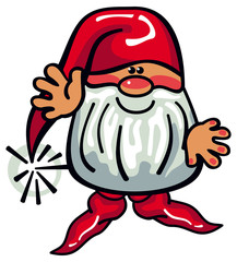 One cute gnome with beard and long red hat on a white background. Funny character for Christmas decorations, greetings cards and other design artworks. Vector clip art.