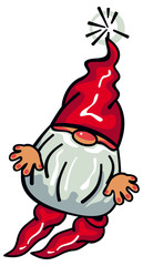 One cute gnome with beard and long red hat on a white background. Funny character for Christmas decorations, greetings cards and other design artworks. Vector clip art.