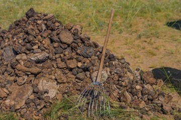 Pferdemist getrocknet und Mistgabel