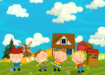Obraz na płótnie Canvas Cartoon funny and cheerful scene with happy farmers - illustration for children
