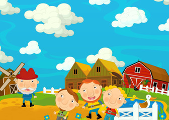 Cartoon funny and cheerful scene with happy farmers - illustration for children