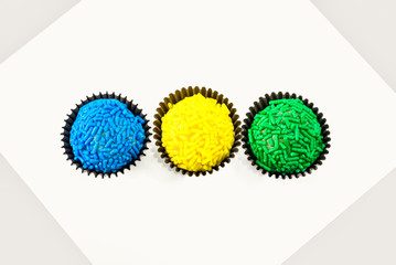 Brazilian Brigadeiros in the colors of the brazilian flag