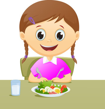 illustration little girl with her breakfast along with a glass of milk