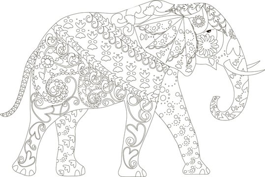 Stylized black and white hand drawn elephant, anti stress, vector illustration