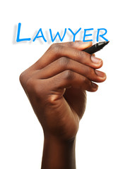 Male hand holding pencil, isolated on white background. LAWYER