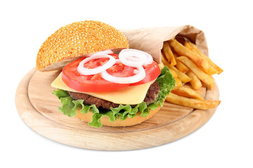 Tasty hamburger with french fries, isolated on white