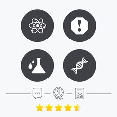 Attention and DNA icons. Chemistry flask.