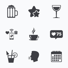 Drinks signs. Coffee cup, glass of beer icons.
