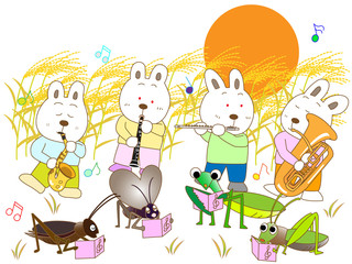 満月の夜のウサギと昆虫のコンサート