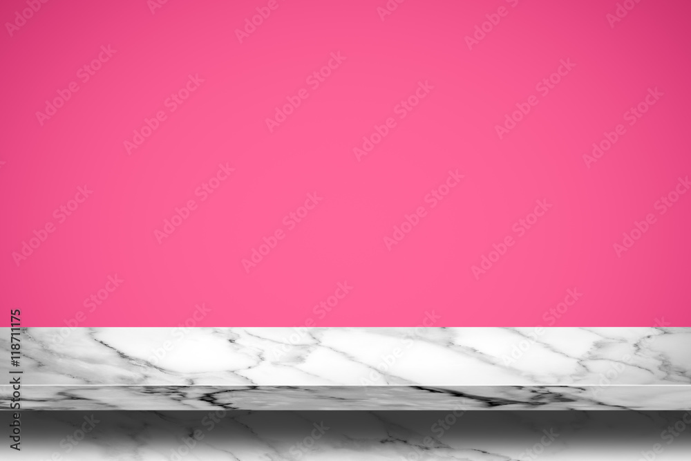 Sticker Empty top of marble table on pink gradient wall background.