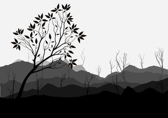 Silhouette of forest and mountain with gray background