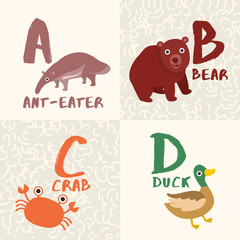 Cute Animal Alphabet Set : Letter A,B,C,D : Vector Illustration