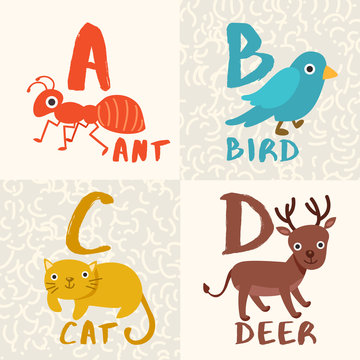 Cute Animal Alphabet Set : Letter A,B,C,D : Vector Illustration