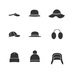 Caps and hats black icons set