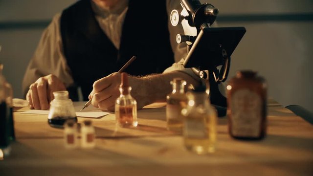 turn of the century scientist or pharmacist taking notes