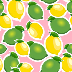 Seamless pattern with big lemons and limes with leaves. Pink background.