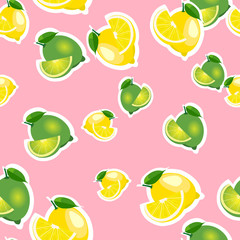 Seamless pattern with lemons and limes with leaves and slices stickers. Pink background.