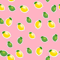 Seamless pattern with small lemons and limes with leaves. Pink background.