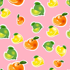 Seamless pattern with lemon, orange, lime with slices. Fruit isolated on a pink background