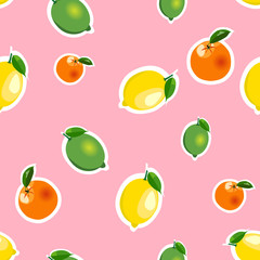 Seamless pattern with lemon, orange, lime. Fruit isolated on a pink background