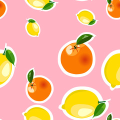 Seamless pattern with lemon, orange stickers. Fruit isolated on a pink background