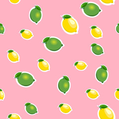 Seamless pattern with small lemons and limes with green leaves. Pink background.