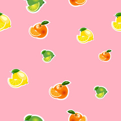 Seamless pattern with small lemon, orange, lime with slices. Fruit isolated on a pink background