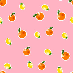 Seamless pattern with small lemon, orange stickers. Fruit isolated on a pink background