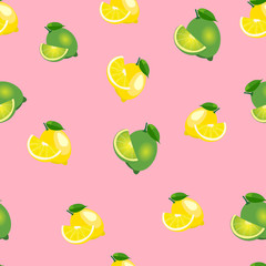 Seamless pattern with lemons and limes with leaves and slices. Pink background.