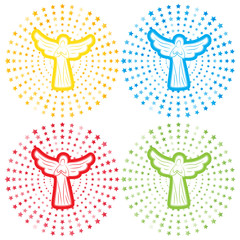 Angels in radial star background. Set of colored backgrounds. For design of covers, printing on fabric or paper