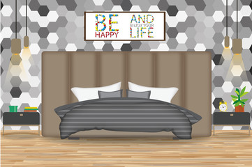 Loft Style Interior Design Vector Illustration.Bed in Front of Wall with Wallpaper. Side Tables,Chandeliers,Artwork.Cartoon Bedroom, Parquet Floor. Elevation. Bedding and Furniture.