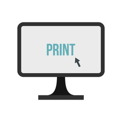 Print button on monitor icon in flat style isolated on white background. Paint symbol