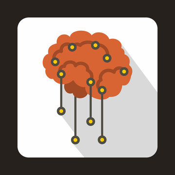 Sensors On Human Brain Icon In Flat Style With Long Shadow. Research Symbol