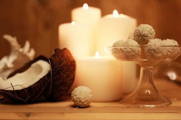 Cokonut candy on wooden background