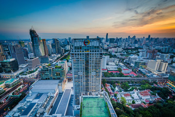 View of the modern Siam District at sunset, in Bangkok, Thailand
