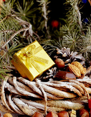 Christmas card with fir branches and decoration